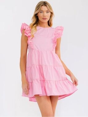 145 • Fantastic Fawn Candy Pink Ruffled Tiered Mini Dress